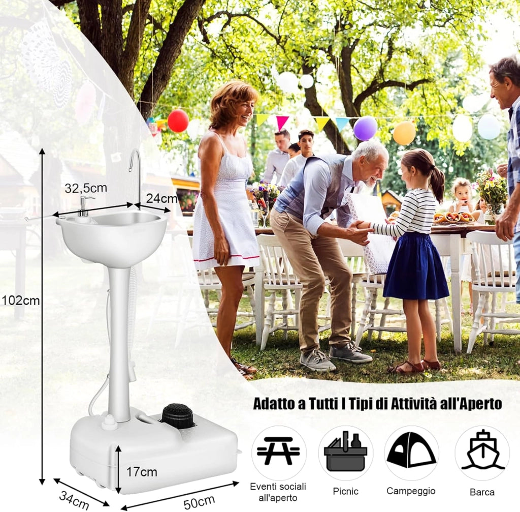 Lavandino da Campeggio con Pompa a Pedale, Lavandino Portatile con Serbatoio d'Acqua da 17L, Dispenser Sapone, Portasciugamani e Ruote (50 x 34 x 102cm)