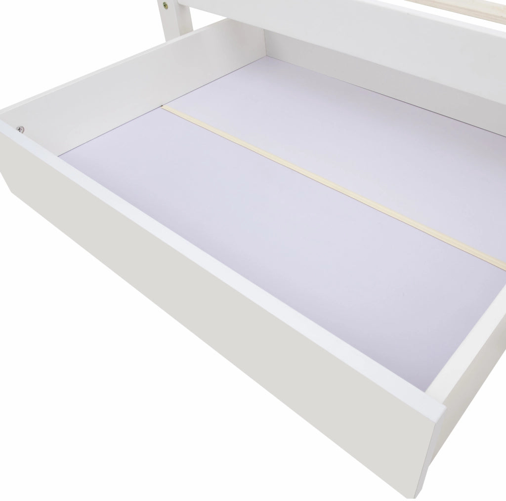 Letto singolo 90x200 cm con testiera a libreria e cassetti; legno; bianco (Senza materasso)