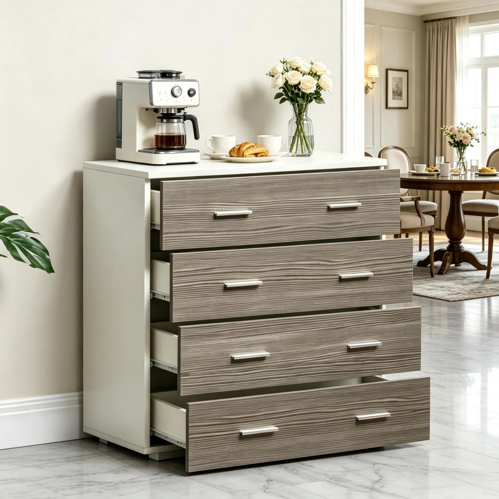Cassettiera con 4 cassetti in truciolare e metallo per camera da letto, soggiorno e ufficio, grigio bianco 76 × 35 × 72 cm