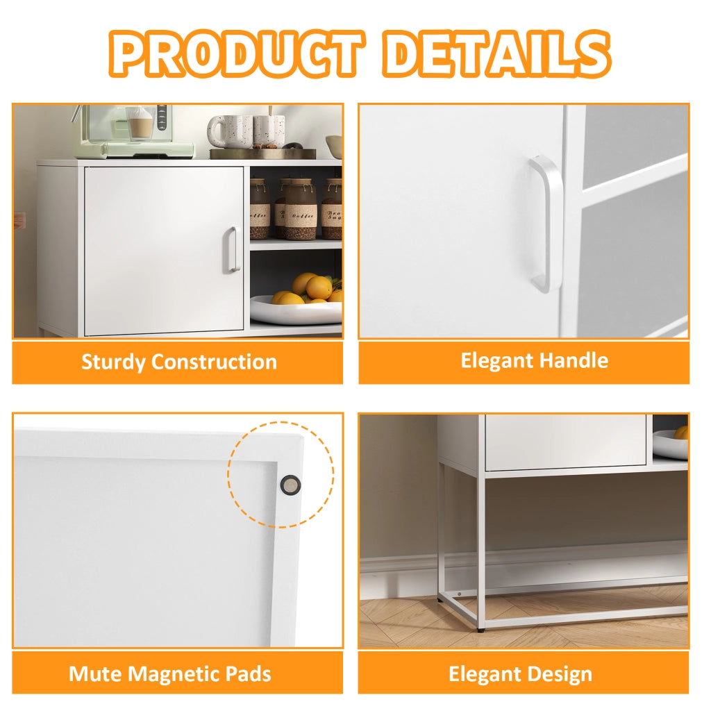 Credenza e madia in metallo con 6 vani e 3 ripiani fissi, per cucina e soggiorno, bianco, 120 × 40 × 75 cm