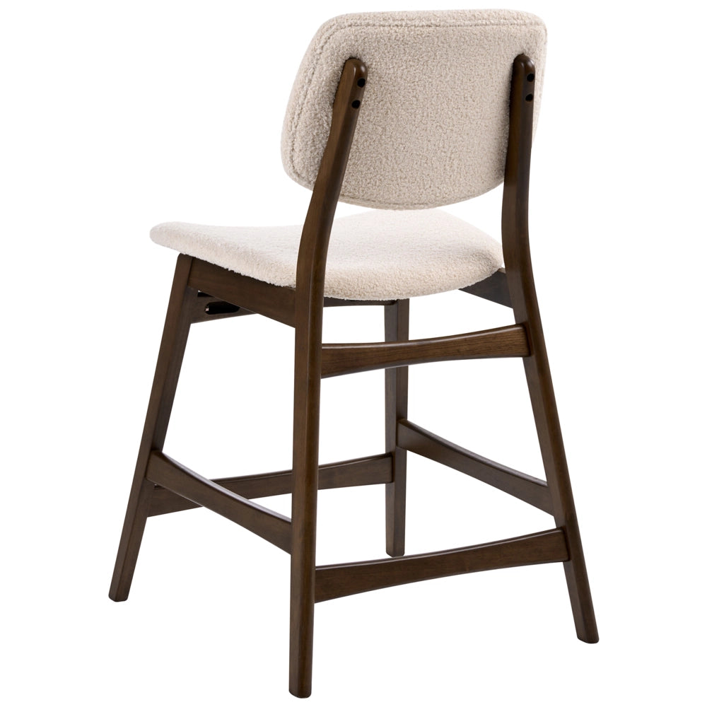 Set di 2 sedie da bar con struttura in legno di gomma marrone scuro e seduta in tessuto bouclé beige senza braccioli design retrò