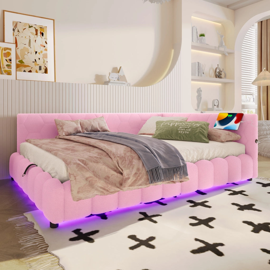 Letti contenitori 140x200 cm con vano contenitore idraulico; LED USB e Type C; velluto rosa (Senza materasso)