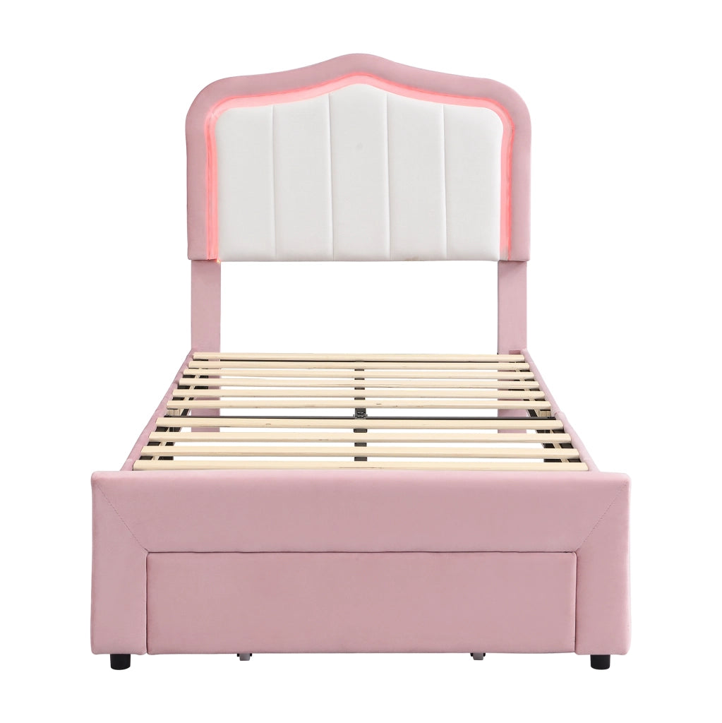 Letto imbottito per bambini 90 x 200 cm con cassetto e LED; velluto rosa