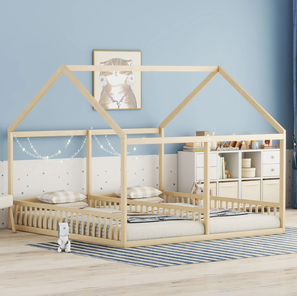 Letto 2 in 1 a casetta 90x200 cm in pino e MDF; naturale