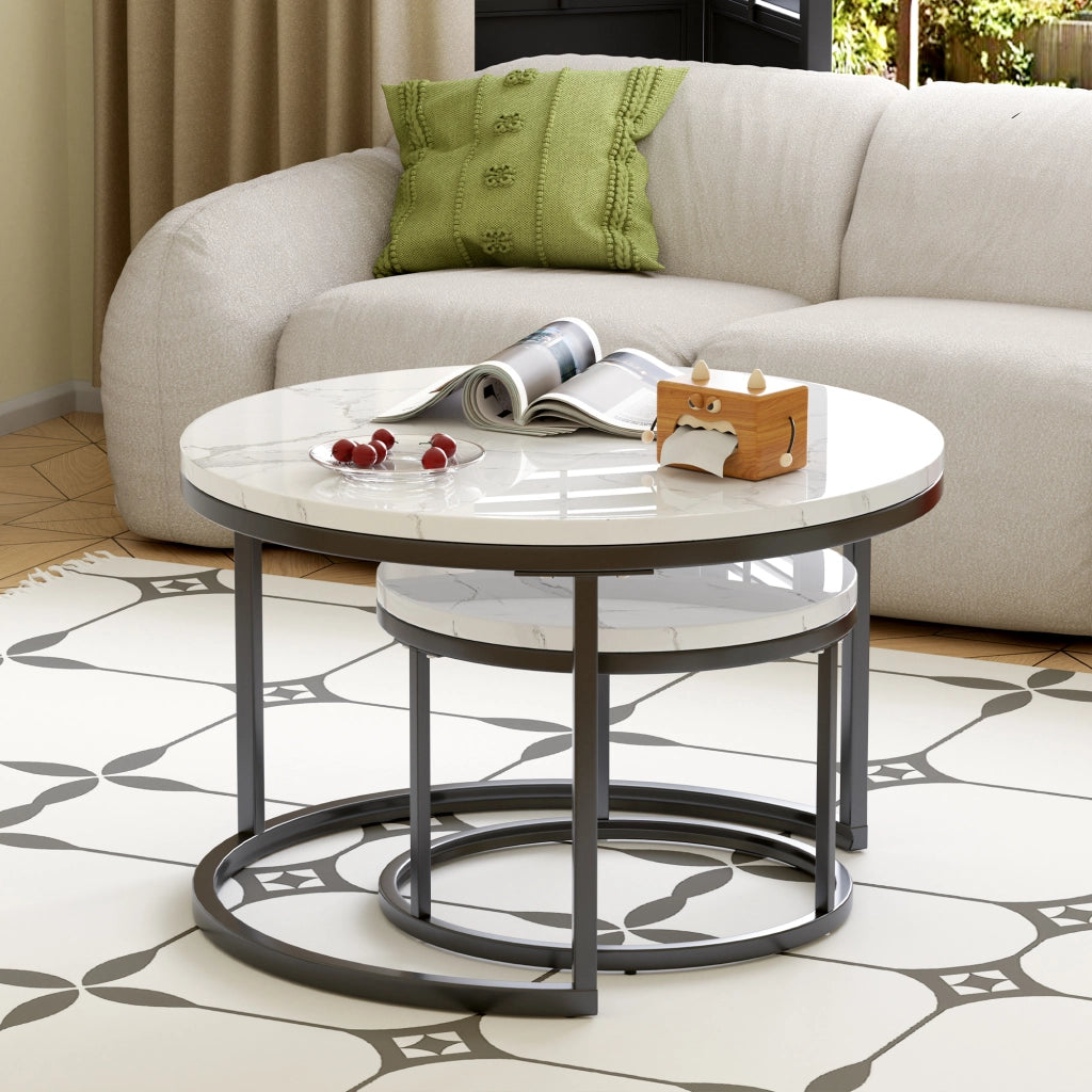 TAVOLINI DA CAFFÈ Set 2 Pezzi 70x70x45 cm Effetto Marmo Bianco con Struttura Nera