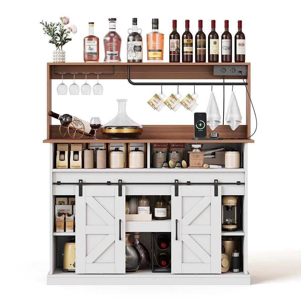 Bar ¨¤ caf¨¦ rustico con porta-bicchieri e prese elettriche - Xylo - 120 cm