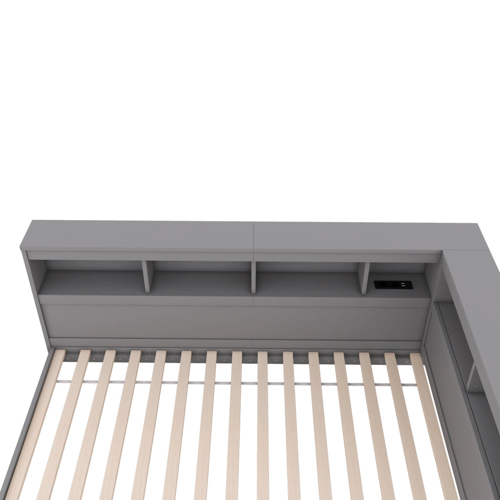 Letto salvaspazio singolo 90×200 cm con presa di corrente; 2 USB; ripiani e rete; senza materasso; grigio
