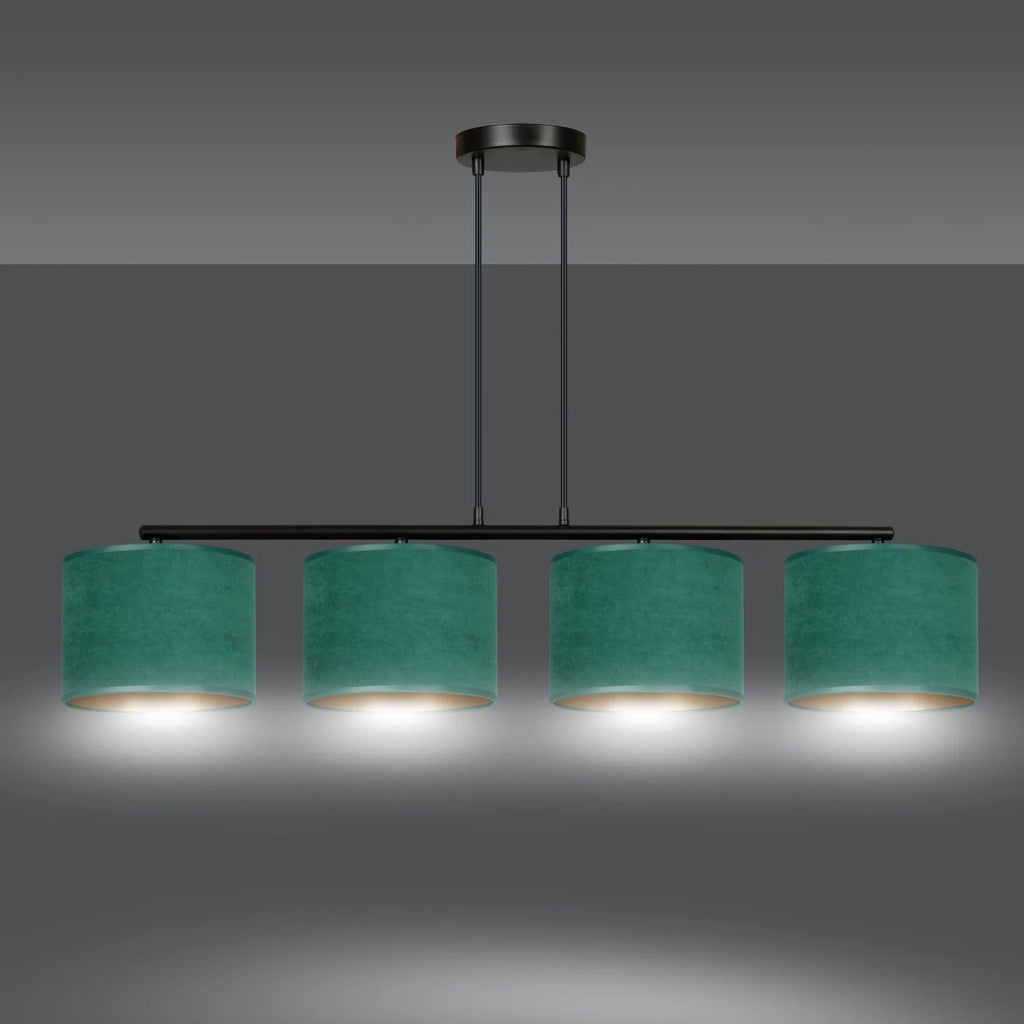 Lampadario 4 Luci Ganesha In Acciaio Nero E Paralumi In Tessuto Verde