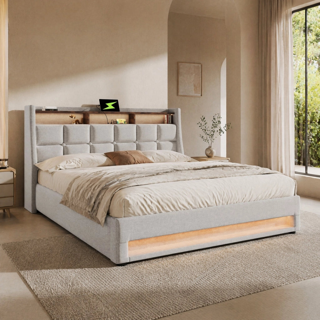 LETTO imbottito LED e USB 160x200 cm Beige con vano contenitore