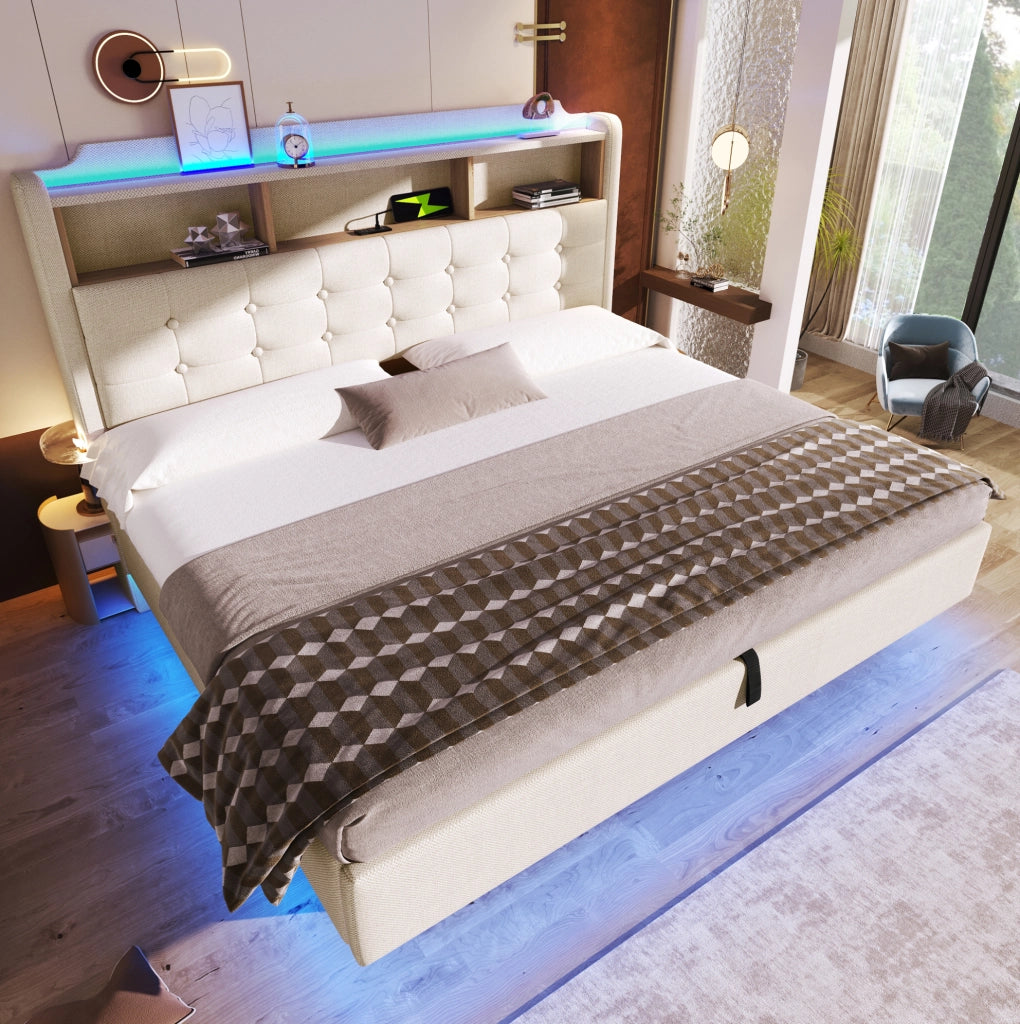 Letto imbottito 180x200 cm beige con contenitore idraulico e LED