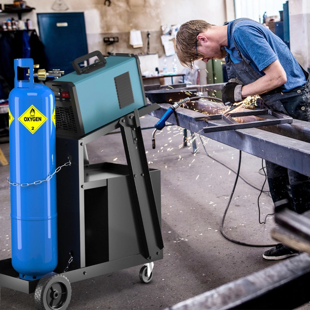 Carrello porta saldatrice con 4 cassetti ripiano per bombola e catene di sicurezza, Trolley in metallo Nero-Deposito utensili Tool