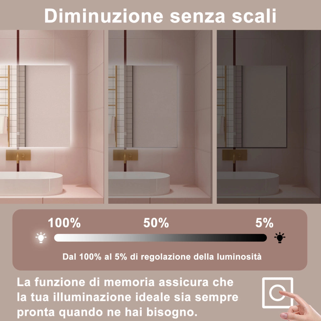 AICA Specchio da bagno 80 x 60 cm, antiappannamento, dimmerabile, interruttore touch, Funzione Memoria
