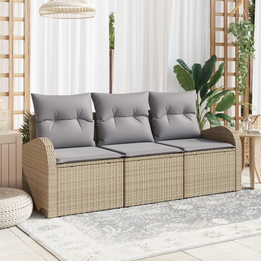 Set Divano da Giardino a 3 Pezzi con Cuscini Beige Polirattan