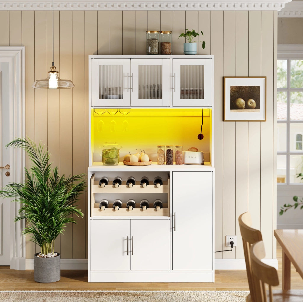 Credenza cucina 100x40x180 cm con LED RGB; presa integrata e vetro zigrinato in MDF bianco