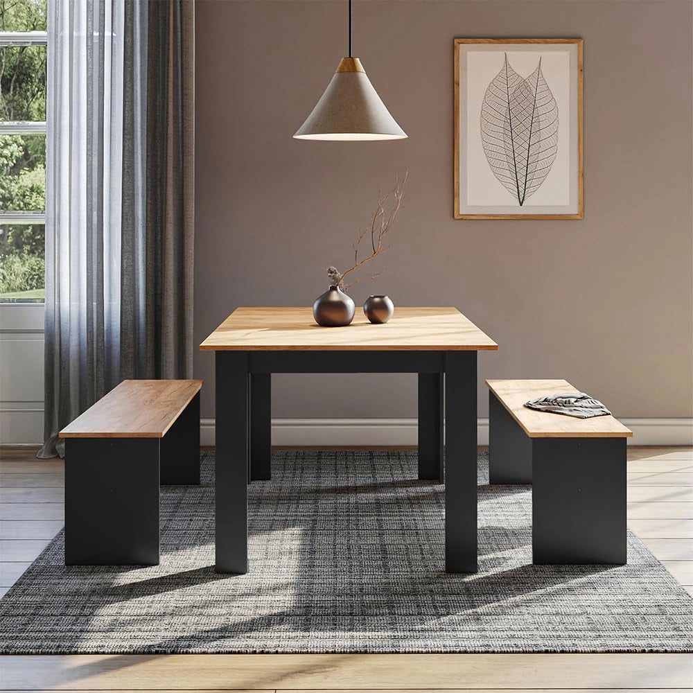 Set di tavoli da pranzo Sentio, Antracite/quercia dorata, 137.6 x 92.8 cm con 2 panche, per un utilizzo salvaspazio in sala da pranzo e cucina