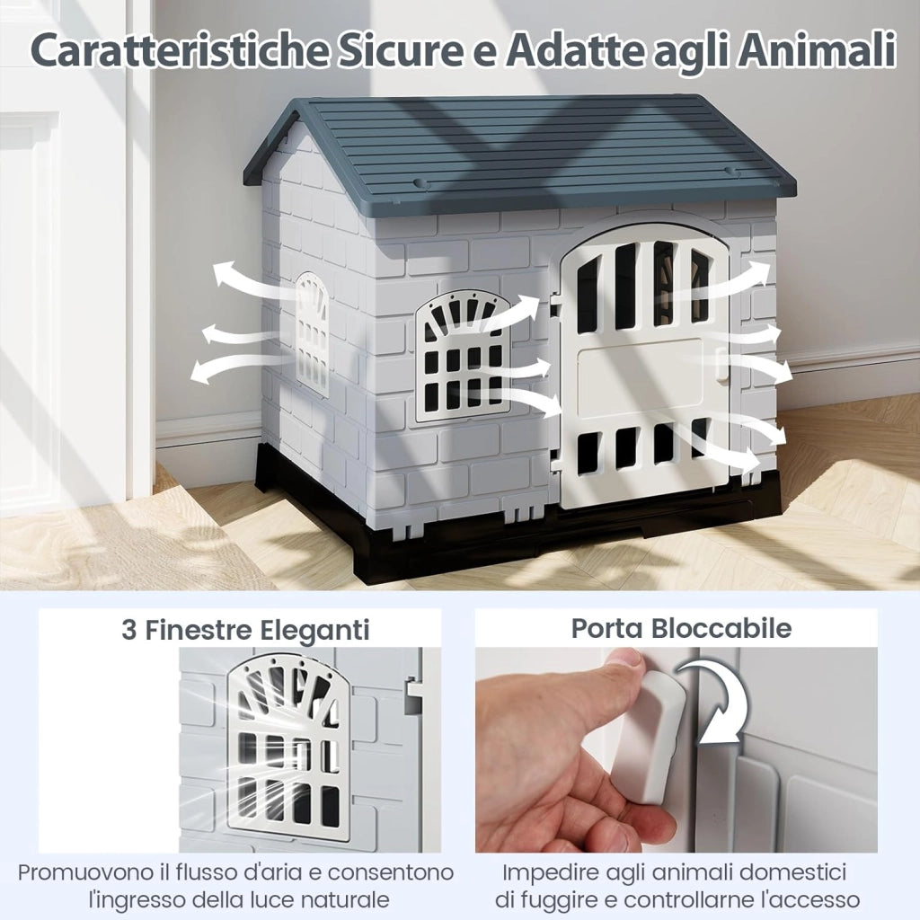 Cuccia per Cani da Esterno ed Interno, Casetta Impermeabile e Ventilata con Vassoio Toilette Rimovibile, Porta Bloccabile, 3 Finestre e Tetto a Pendenza, per Cani di Piccoli e Gatti (Grigio)