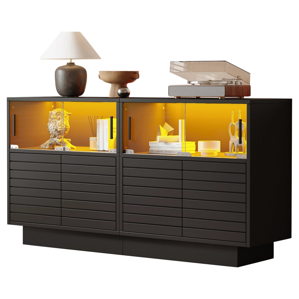 Credenza con 4 Ante Scorrevoli in Vetro e LED; Stile Industriale Moderno; in Pannello Truciolare; 130??35??68 cm; Nero