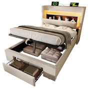 Letto imbottito singolo 90×200 cm con contenitore idraulico; testiera con USB e Type-C; LED; materasso incluso; beige