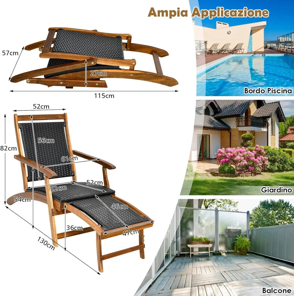 Sedia a Sdraio da Esterno con Poggiapiedi Telescopico, Schienale e Sedile in Rattan, Poltrona Pieghevole con Struttura in Legno Massello per Giardino, Cortile, Portata 160 kg