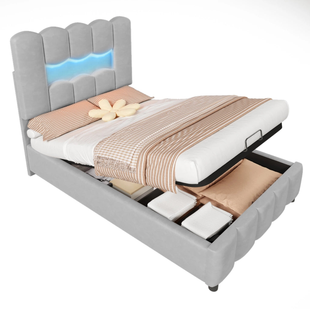 Letto imbottito 90x200 cm con contenitore idraulico; testiera regolabile; LED; velluto grigio