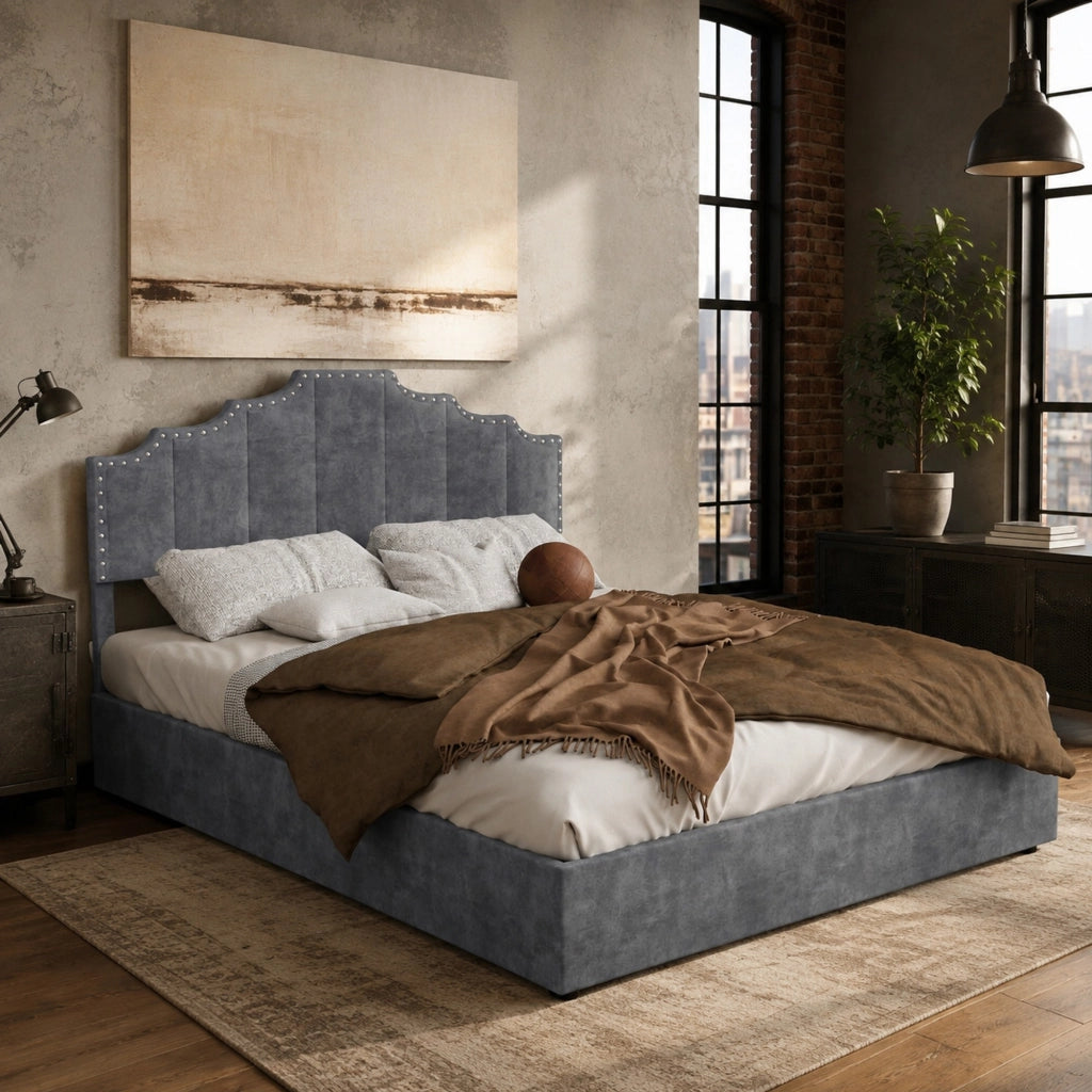 Letto matrimoniale 140x200 cm in velluto grigio con testiera geometrica