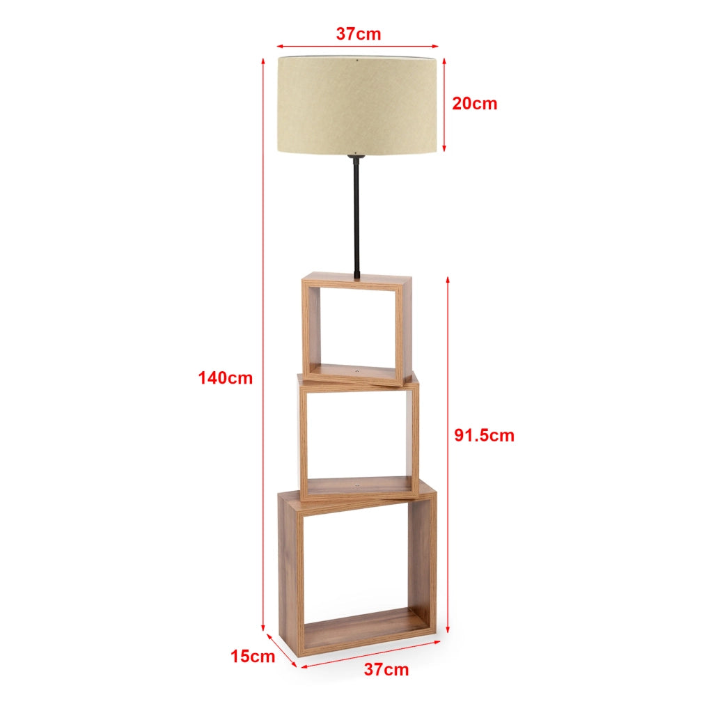 Lampada da Terra 'Mansfield' Piantana con Base a 3 Scomparti Forma di Cubo e Paralume Cilindrico in Tessuto - color Crema - lux.pro