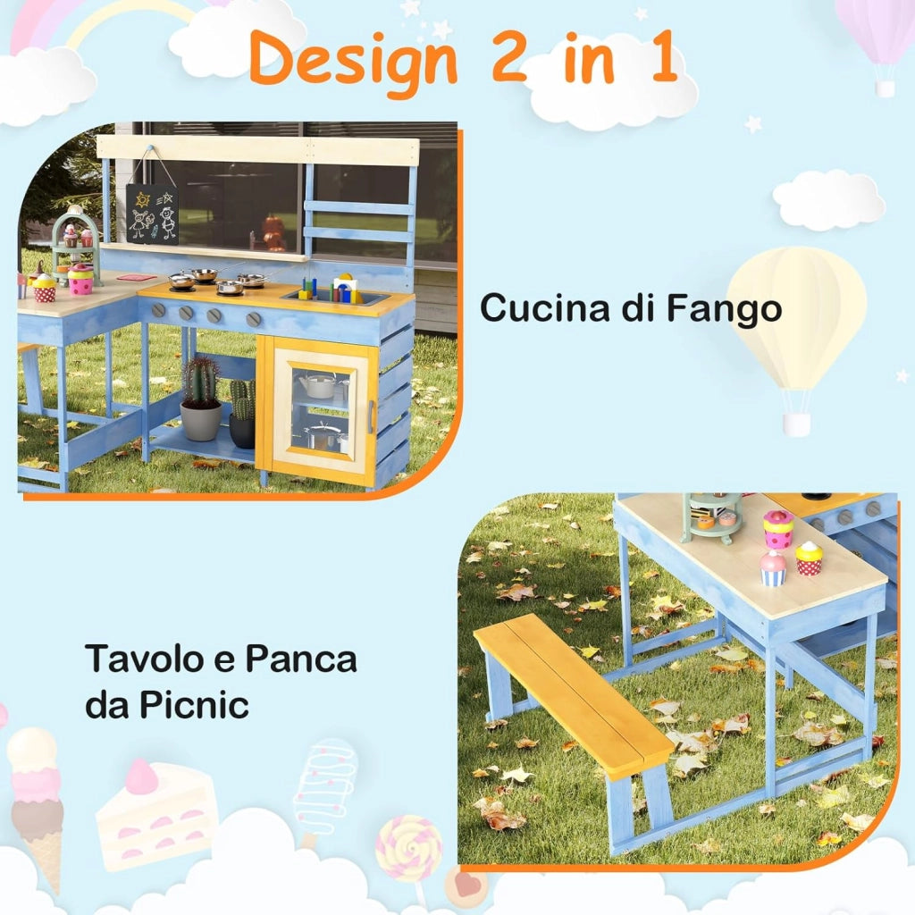 Cucina Giocattolo per Giardino con Tavolo e Panchina da Picnic, Cucina per Bambini in Legno di Abete con Fornelli, Lavandino, Lavagna e Forno, con 17 Accessori, 150 x 71 x 98 cm (Blu)
