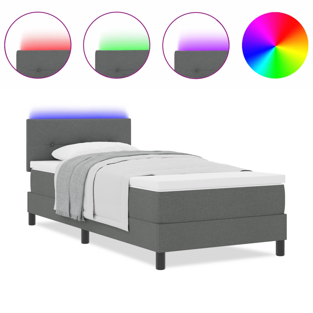 Letto con box spring con materasso e LED grigio scuro 80x200 cm tessuto