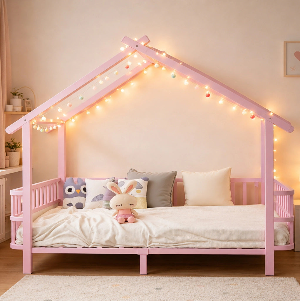 Letto singolo per bambini a casetta in metallo rosa 90x200 cm
