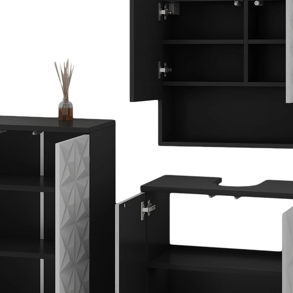 Set di mobili da bagno Edge, Nero, 60 cm, composto da mobile sottolavabo, specchiera e mobile medio