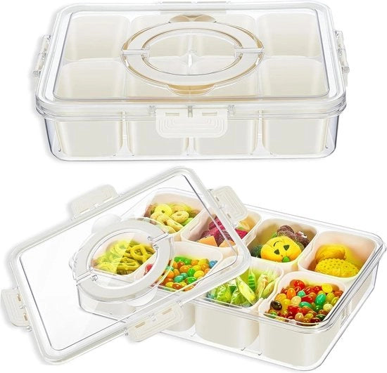 Snackbox portatile con 8 contenitori - coperchio e maniglia - ripostigibile per frutta, dolci, noci - adatto per feste, viaggi, picnic.