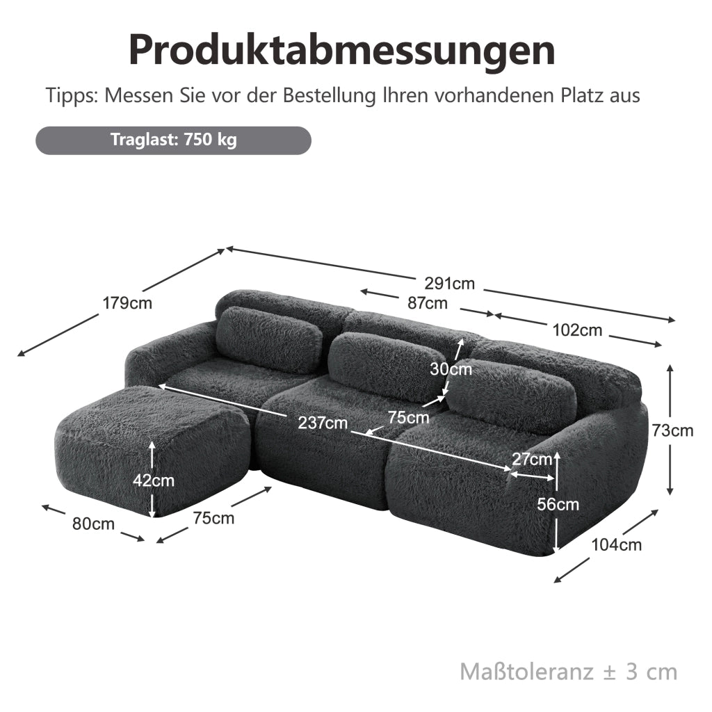 Divano Modulare ad Angolo con Ottomana, Divano Profondo senza Struttura, Cuscini e Base Antiscivolo, Peluche Grigio