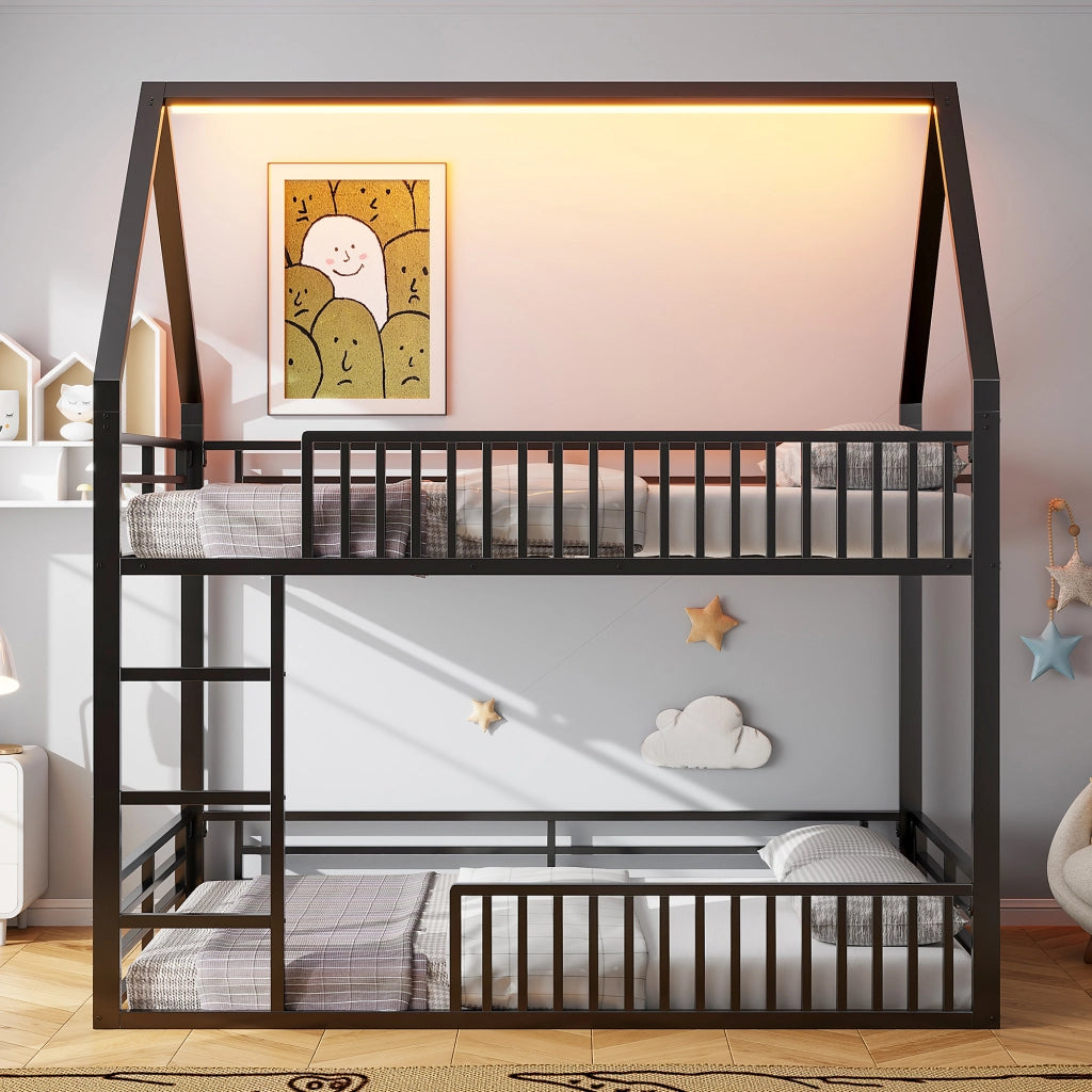 LETTO A CASTELLO 140x200 cm Nero in metallo con LED e 2 pacchi