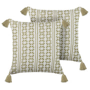 Set di 2 cuscini sparsi verde e bianco 45 x 45 cm stampa a blocchi a mano rivestimenti rimovibili cerniera motivo boho