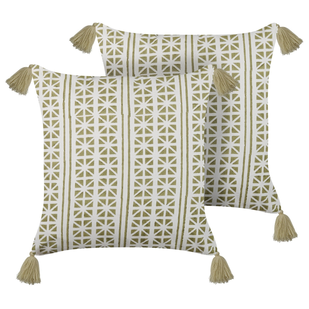 Set di 2 cuscini sparsi verde e bianco 45 x 45 cm stampa a blocchi a mano rivestimenti rimovibili cerniera motivo boho