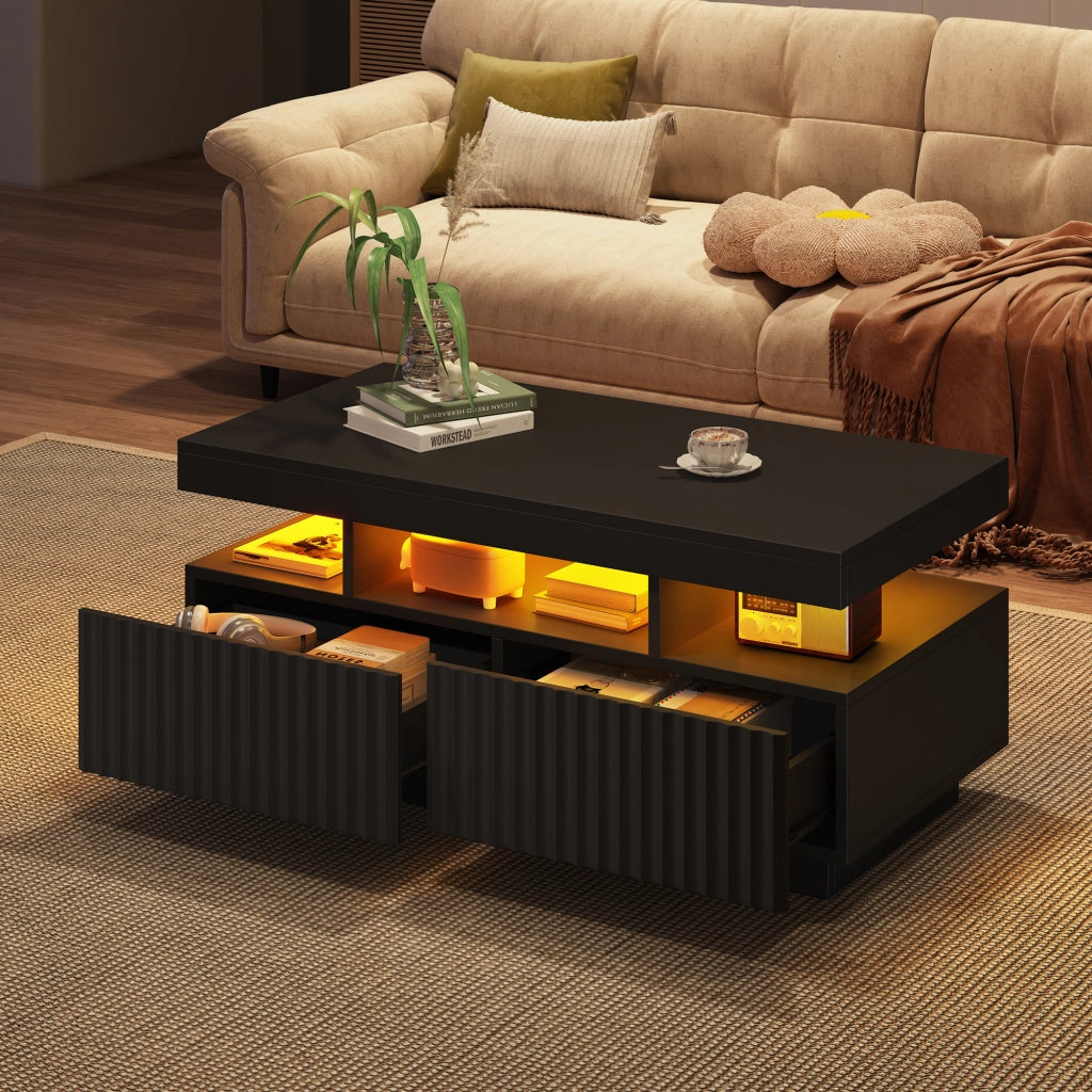 Tavolino basso con 2 cassetti e vano aperto led controllato da app per soggiorno in truciolato nero 100 × 50 × 45 cm