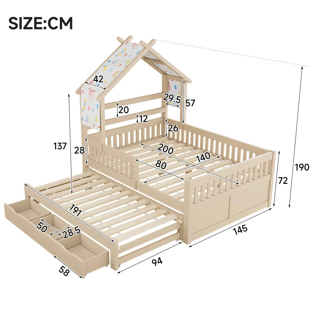 Letto a Casetta con Letto Estraibile, 3 Cassetti e Sponde ¨C Xylo ¨C Legno, Cream, 140x200