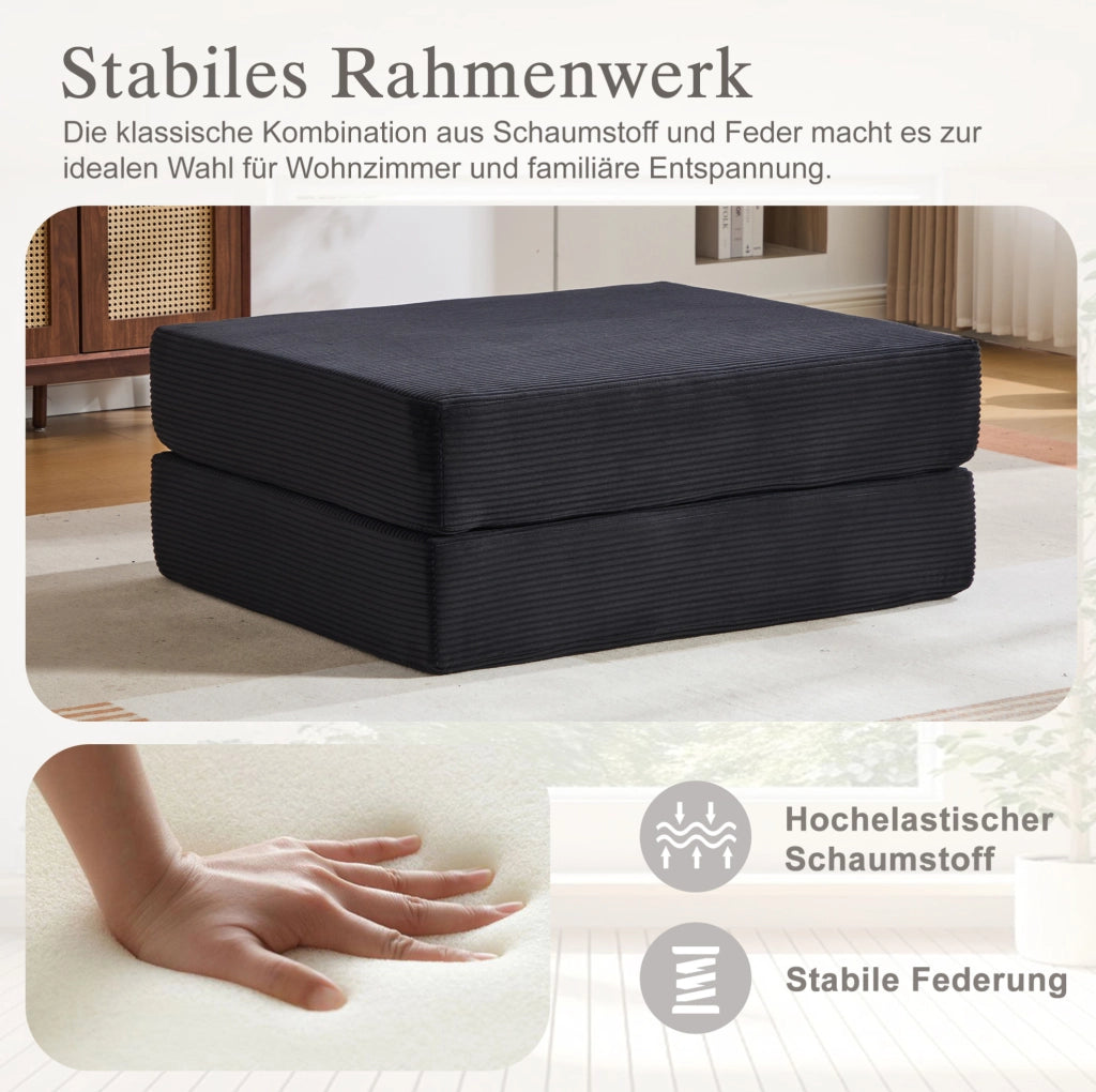 Pouf poggiapiedi in velluto a coste nero; convertibile in letto singolo; 109 x 95 x 43 cm