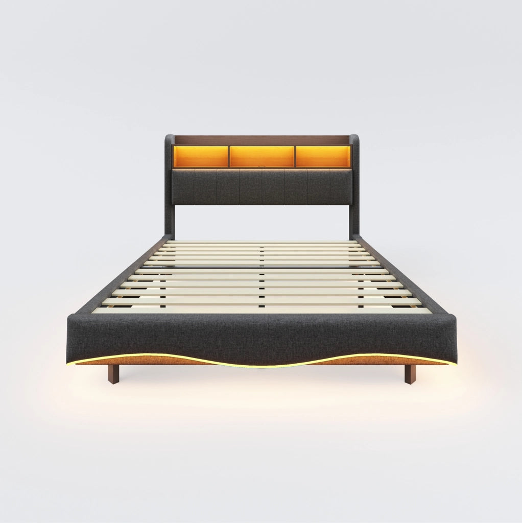 Letto imbottito sospeso 160x200 con LED, USB e porta Type-C, grigio
