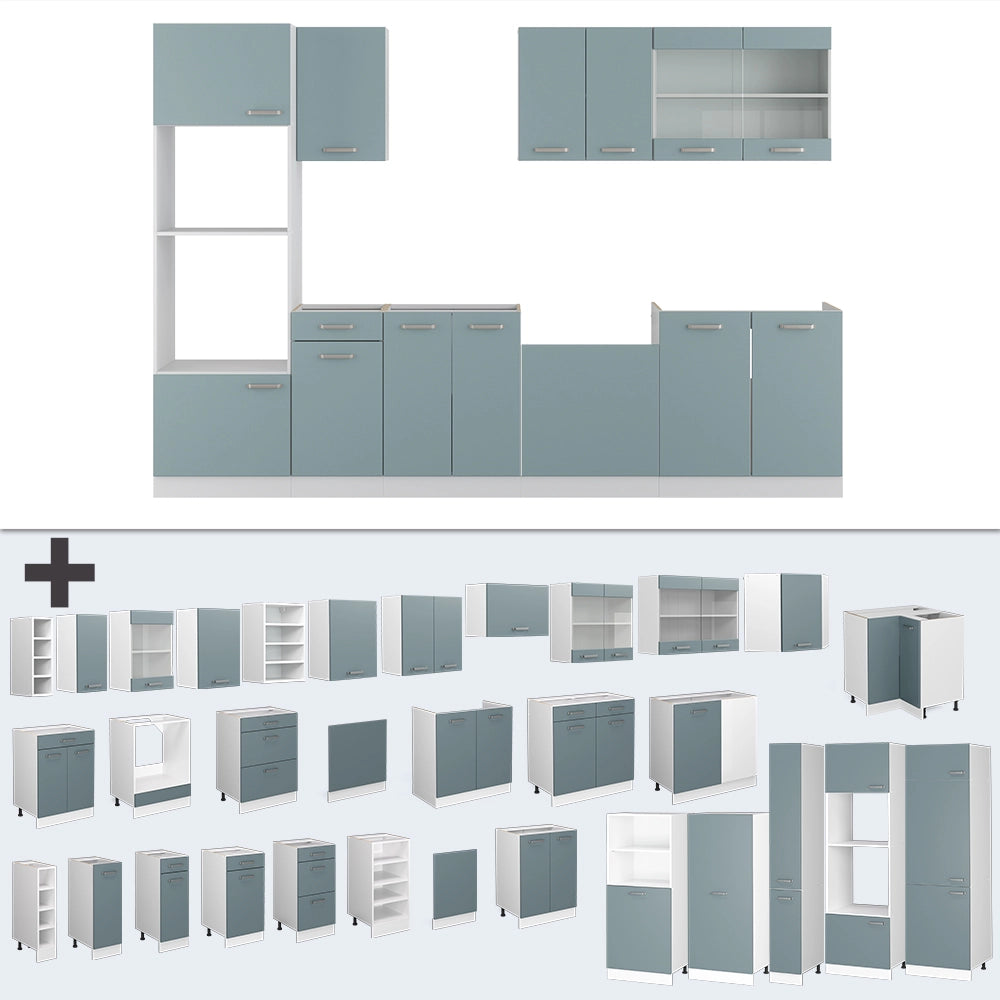 Vicco Cucina componibile Blu-grigio/bianco 300 cm con armadio alto, PL Rovere