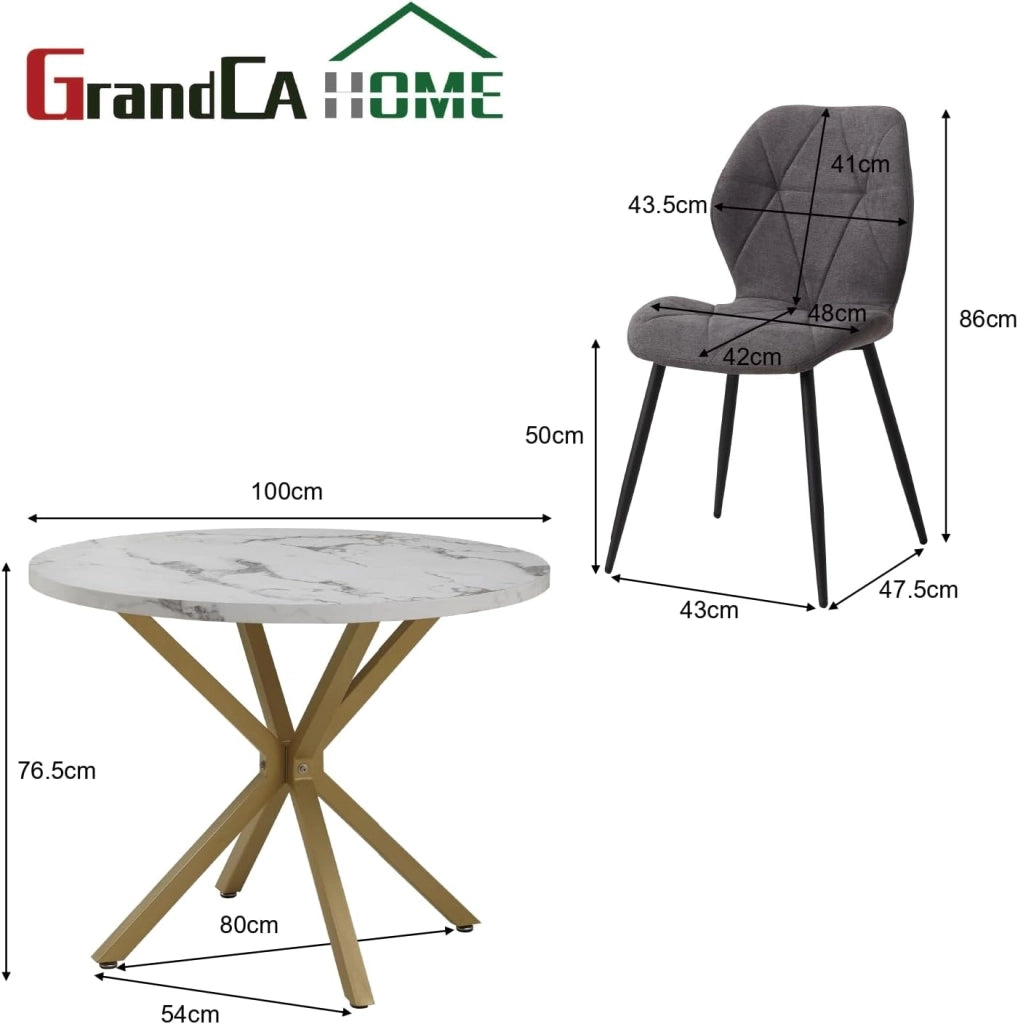 GrandCA HOME Set Tavolo e Sedie da Pranzo, Tavolo da Pranzo Rotondo da 100 CM e 4 Sedie Moderne in Lino, per Sala da Pranzo, Cucina, Soggiorno (Marmo + Grigio Scuro)