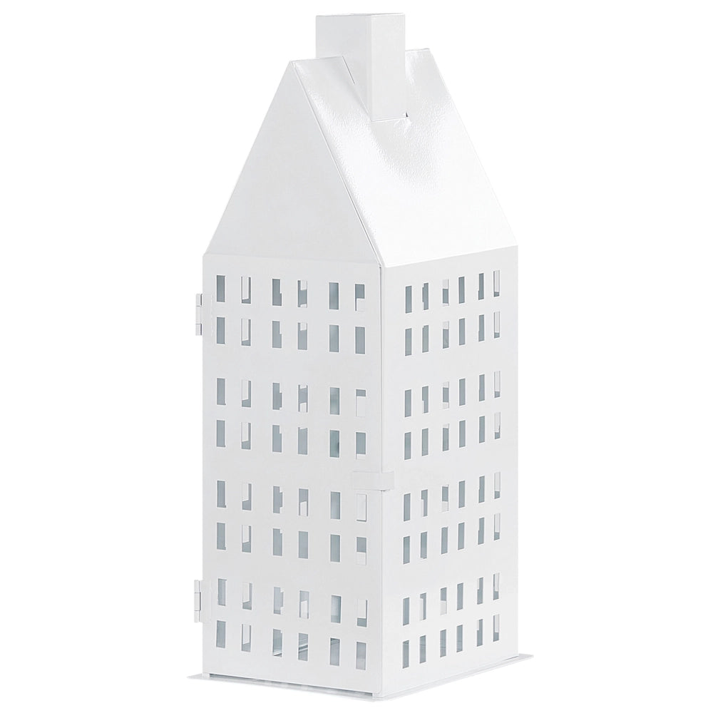 Lanterna in ferro bianco H 40 cm Portacandele a colonna a forma di casa Manico Decorazione minimalista classica pezzo