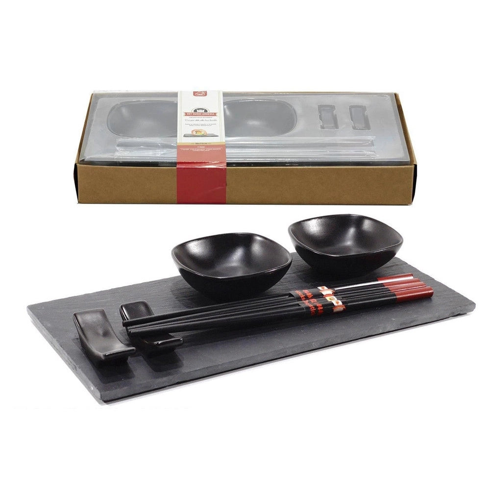 Trade Shop - Set Sushi Composto Da 4 Bacchette E 2 Piatti Per Salse Con Vassoio In Ardesia -