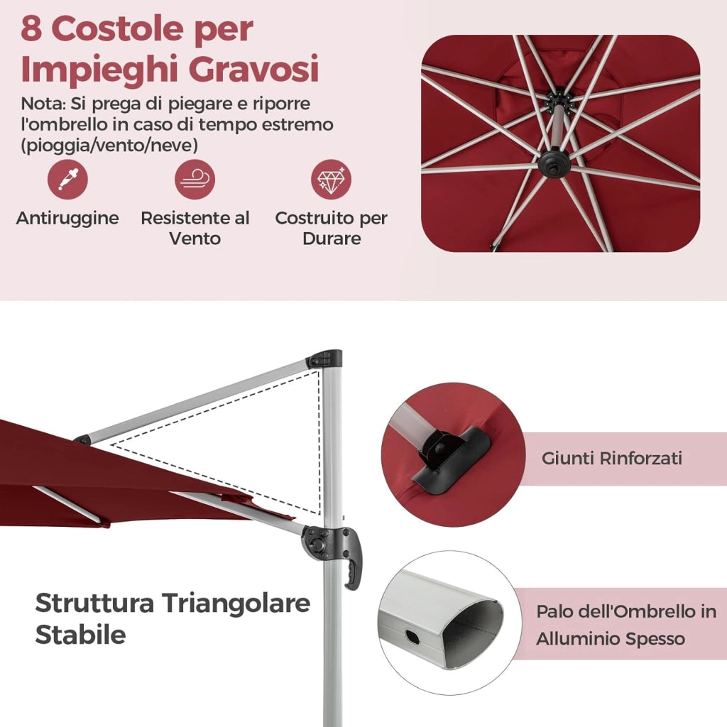 Ombrellone da Giardino 339 cm, Ombrello da Giardino Rotondo con Rotazione a 360°, Ombrellone da Giardino Inclinabile con Base, Ombrello da Sole per Giardino, Patio (Rosso)