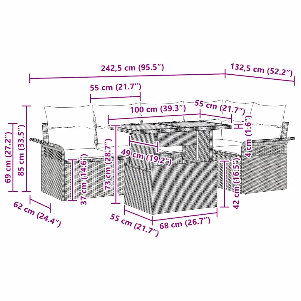 Set Divano da Giardino 6 pcs Grigio Poly Rattan