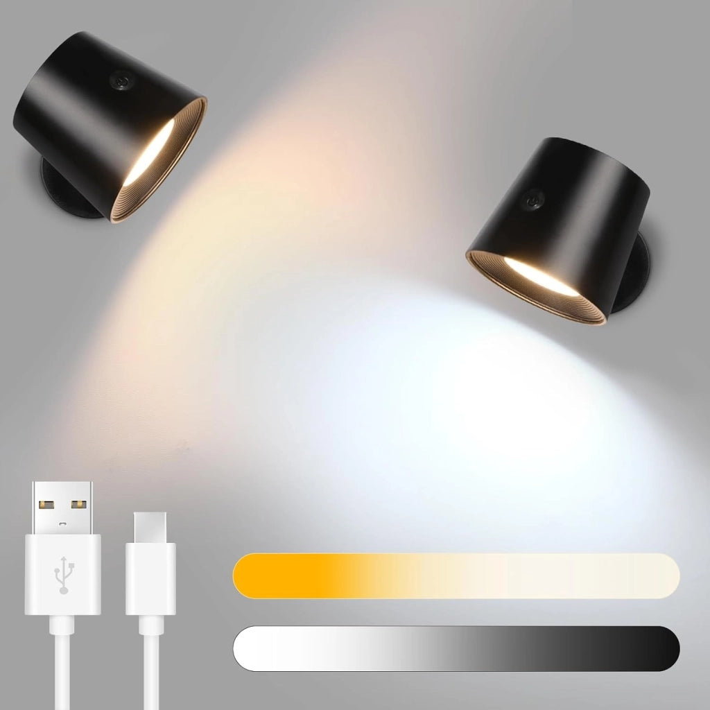 ZMH Applique da parete a LED nera per soggiorno batteria rotazione a 360° controllo touch 3 livelli di luminosità