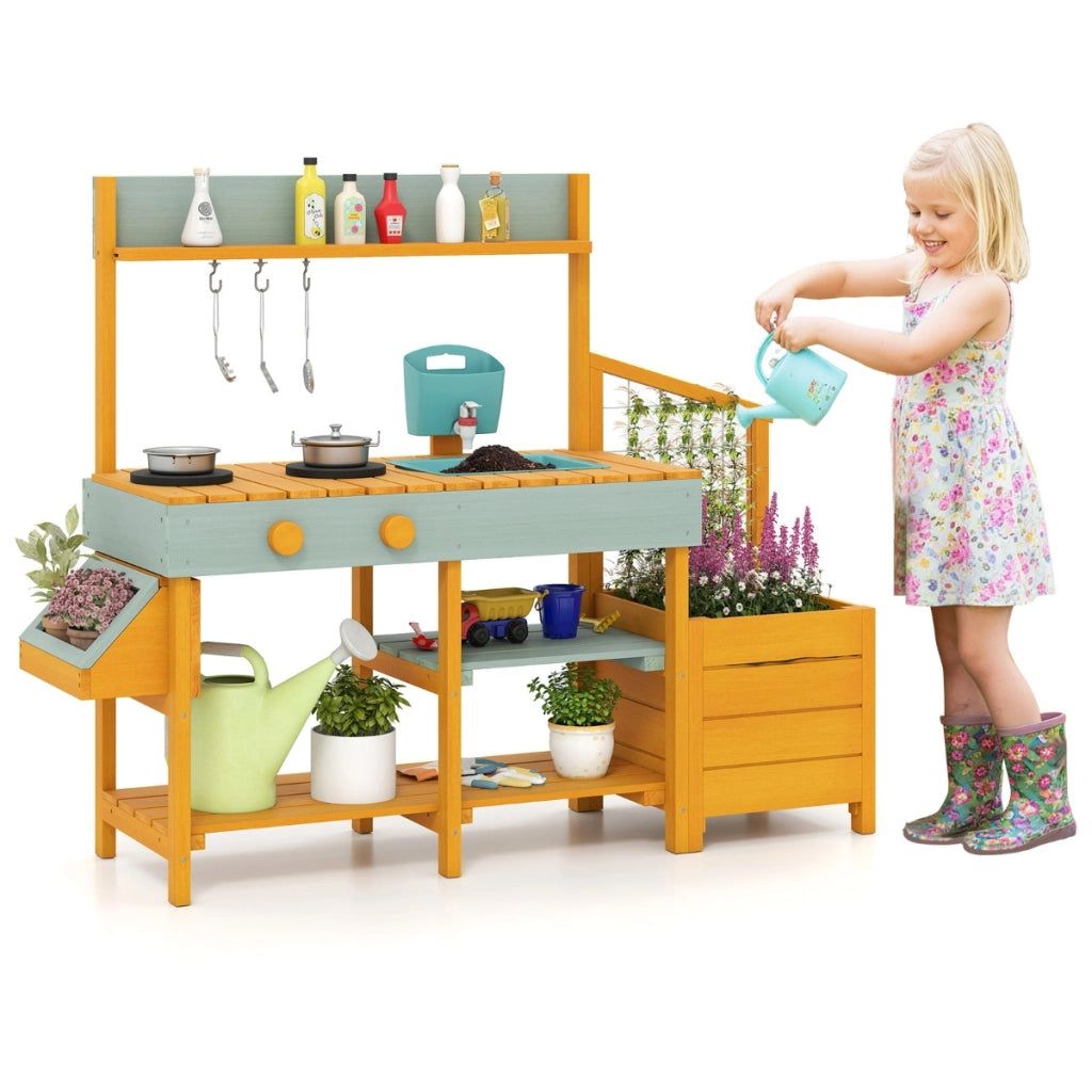 Cucina da esterno in legno per bambini 3-8 anni con accessori realistici, Cucina da gioco con cassettiera per piante Giallo