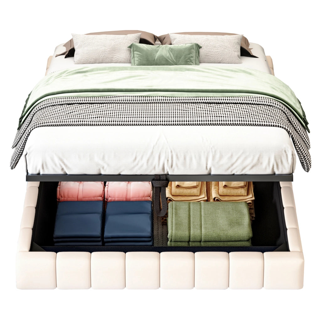 Letto imbottito 140x200 cm beige in tessuto e metallo con contenitore e LED