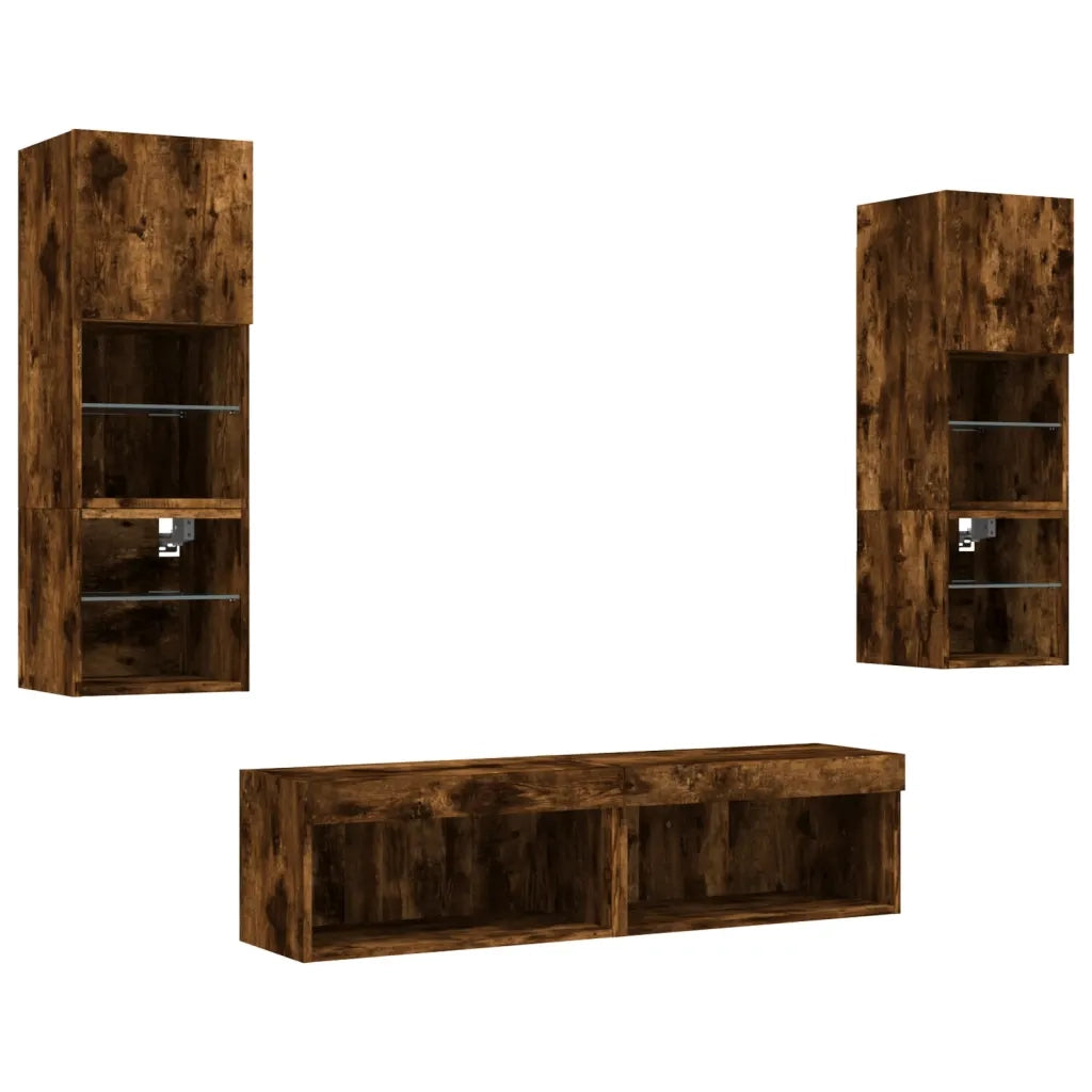 Mobili TV a Muro con LED 6pz Rovere Fumo in Legno Multistrato 3216619