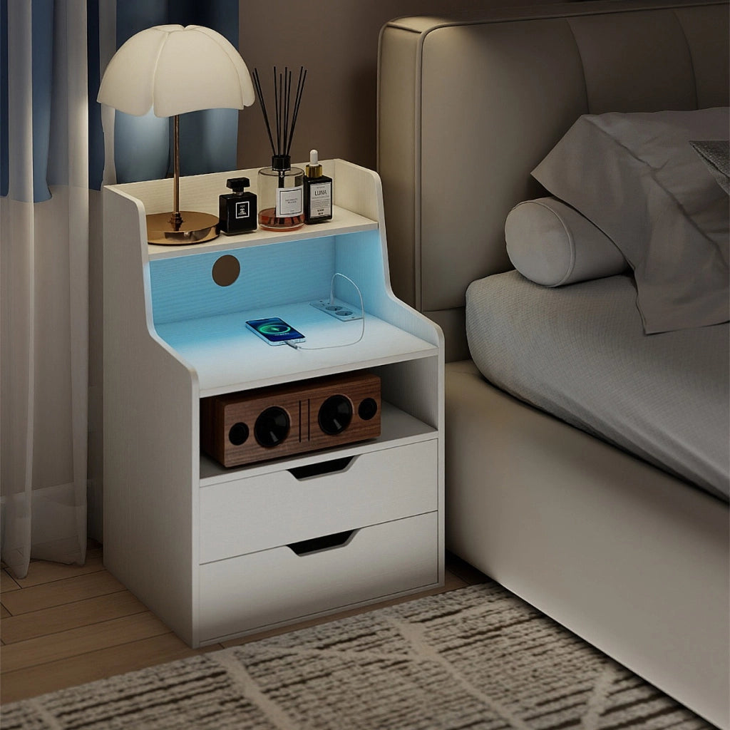 Comodino led con stazione di ricarica moderna con kit anti-ribaltamento per soggiorno, Comodino camera da letto Bianco-Comodini